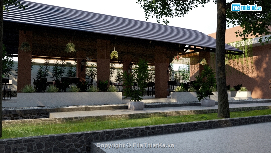 quán cafe sân vườn 21x26m,sketchup dựng quán cafe,nội thất quán cafe sketchup,quán cafe dựng file sketchup